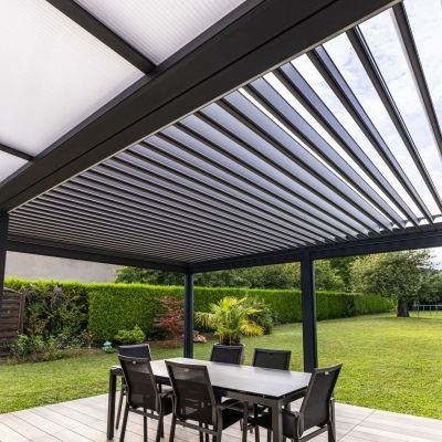 Pergola bioclimatique alu gris anthracite avec stores